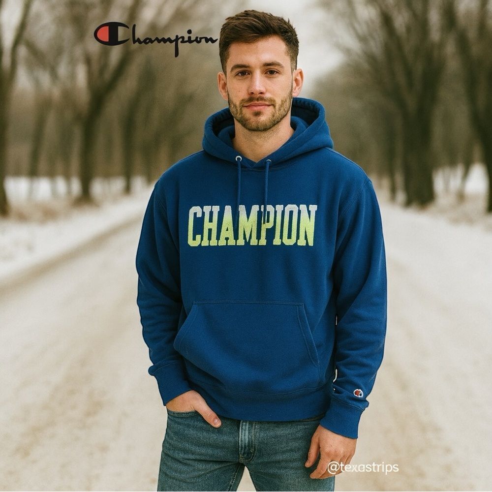NEW UO Champion Gradient Collegiate Logo Blue Hoodie Sweatshirt L Large
